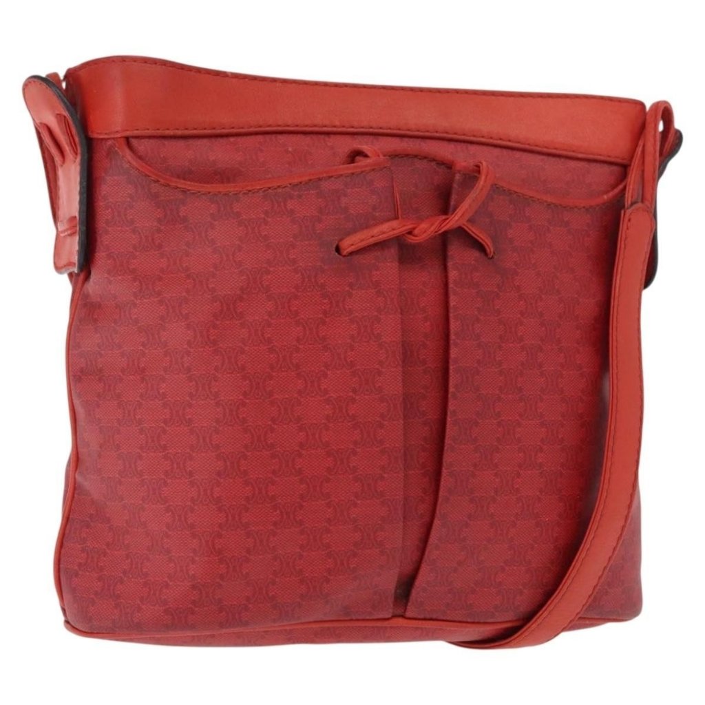 Authentic Celine Macadam Canvas Shoulder Bag Red Gold